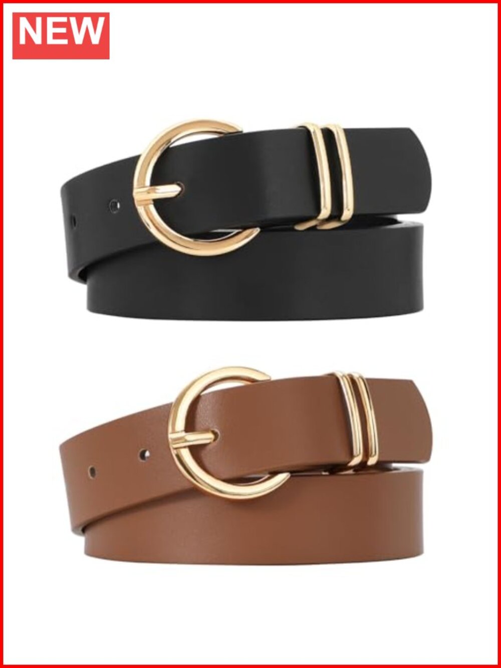 2 Pack Faux Leather Women's Belts with Gold Buckle for Jeans and Dresses
